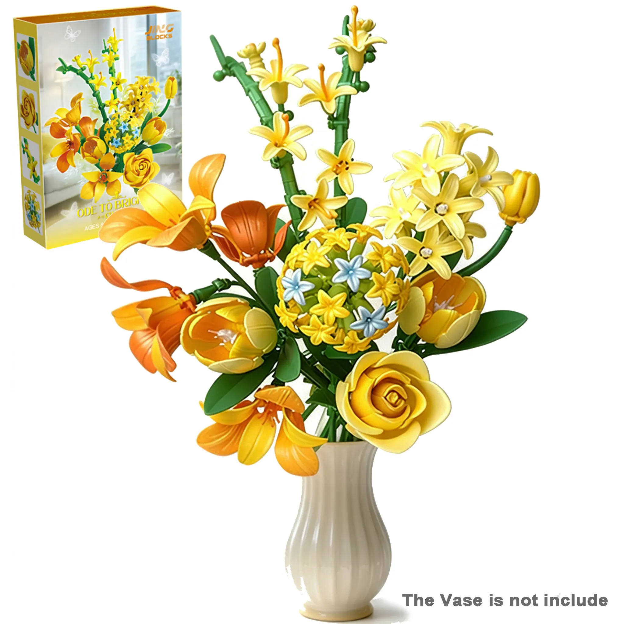 320 Peças de Blocos de Montar de Flores Amarelas, Buquê de Flores Artificiais Duradouras com Rosas e Lírios, Brinquedo de Montar, Presente para Meninas