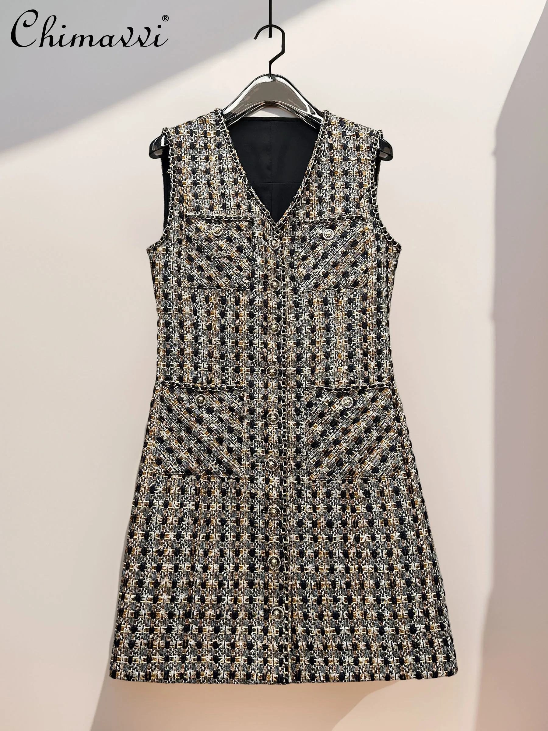 เดรสสั้นทรงเอเข้ารูปเอวสูง แขนกุด คอวี สไตล์วินเทจฝรั่งเศส ผ้าทวีดอเนกประสงค์ สำหรับผู้หญิง ฤดูใบไม้ร่วง