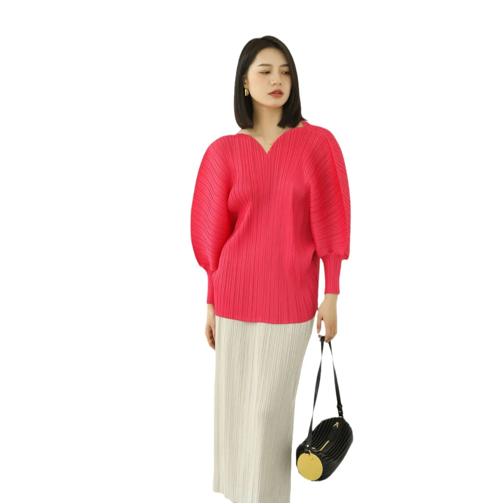 ミヤケプリーツVネックランタンスリーブトップス レディース 2026新作 高品質 おしゃれ シンプル カジュアル 韓国ファッション Tシャツ