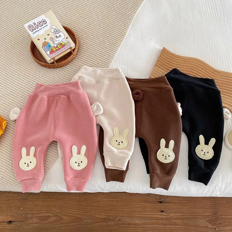 Autumn Winter Newborn Girls Pants Cotton Plus Velvet Cartoon Rabbit Baby Girls Trousers Thickened Warm Toddler Girls Pants