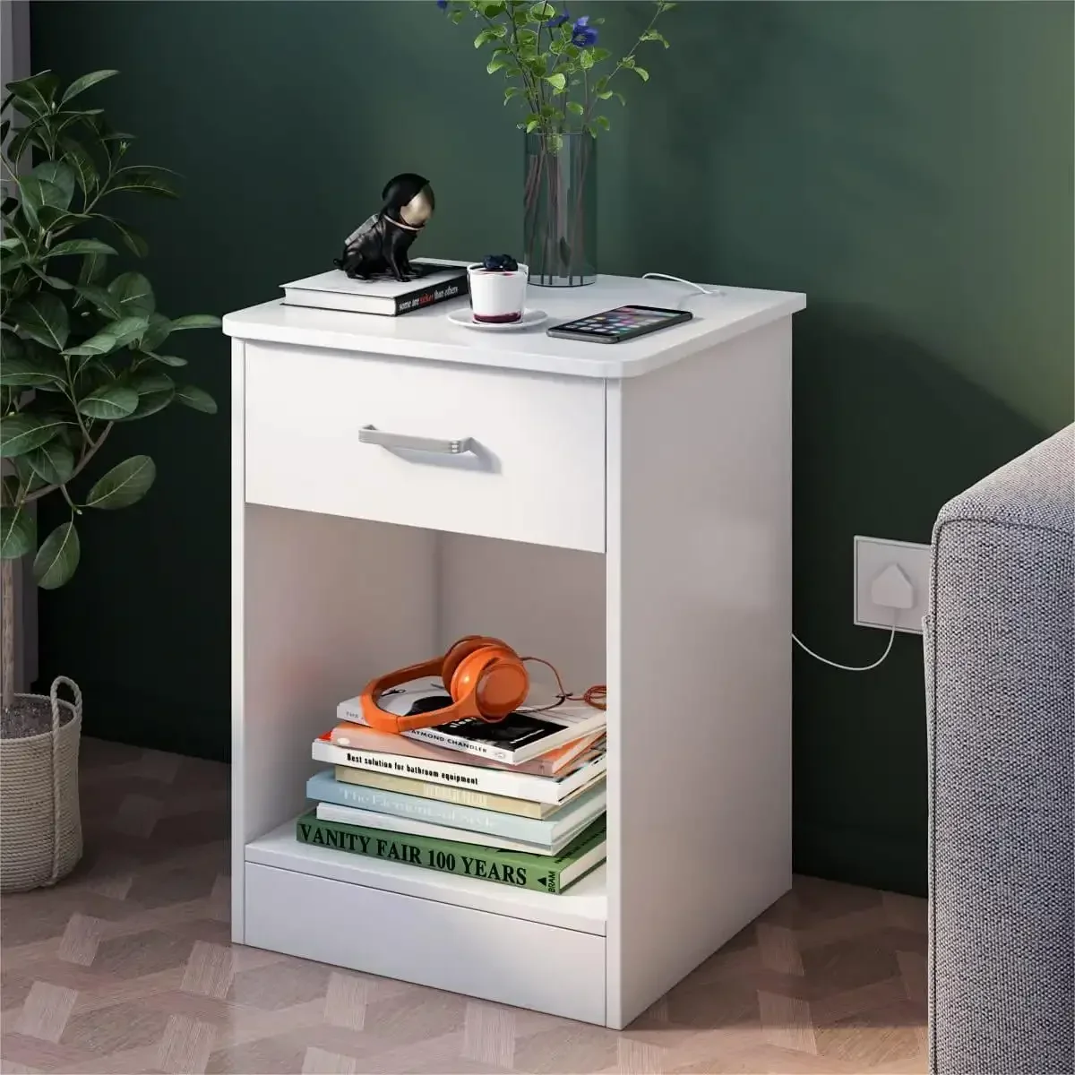 2 Tier Nightstand with Drawer, End Table Sofa Side Table for Bedroom Living Room, White