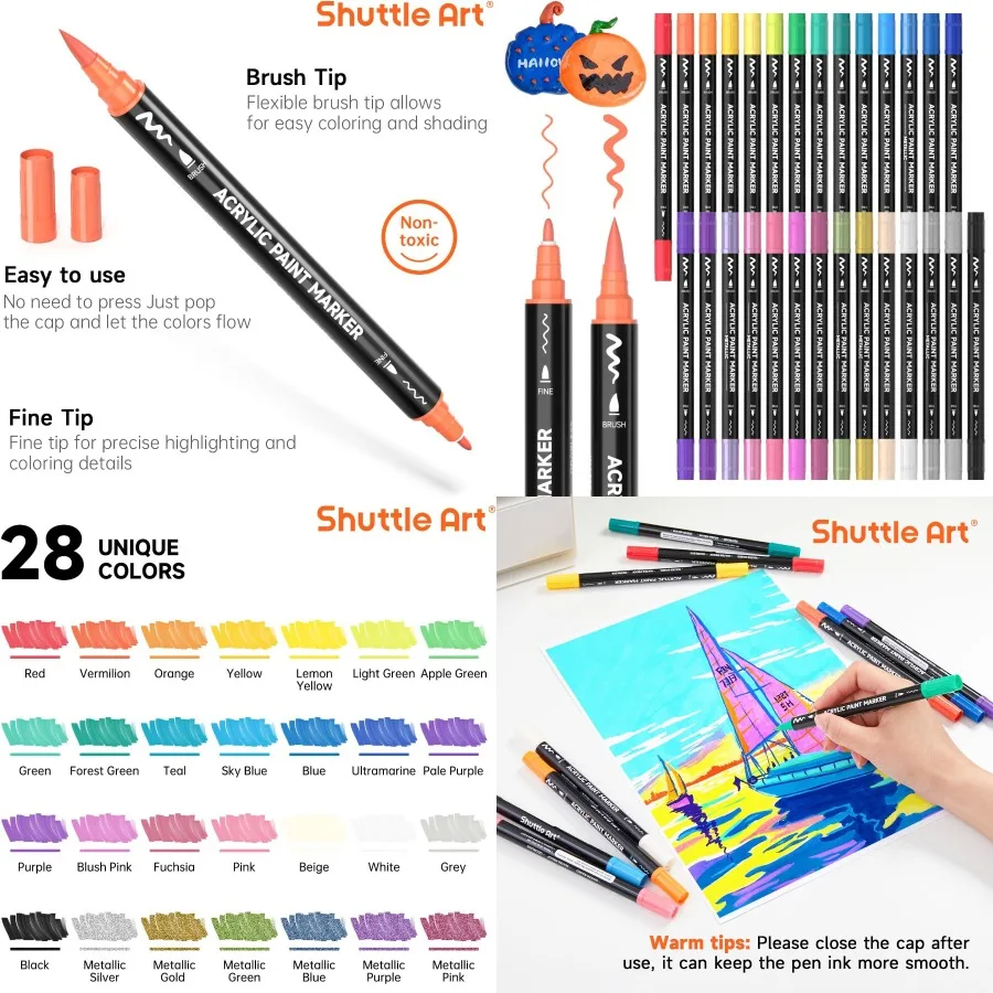 

Shuttle Art 28-цветные маркеры акриловой краски с двойным наконечником и тонким наконечником для наскальной живописи Керамическое искусство Woodcraft Холст
