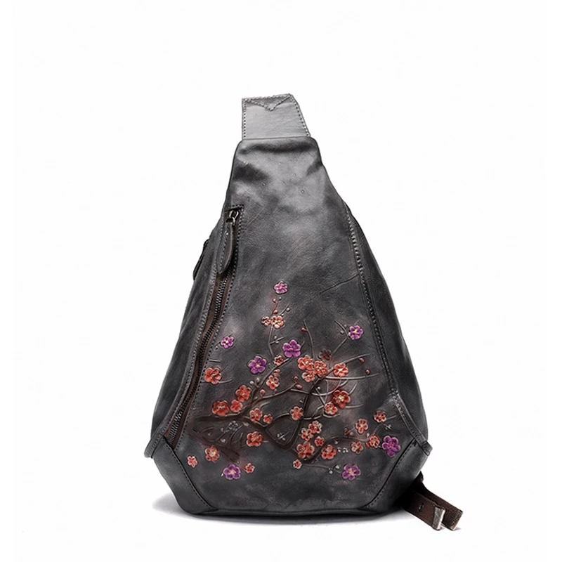 Sacs à dos multifonctions en cuir de vachette véritable pour femmes, sacs à dos rétro faits à la main, sac de poitrine vintage floral en relief, sacs à dos solides pour documents