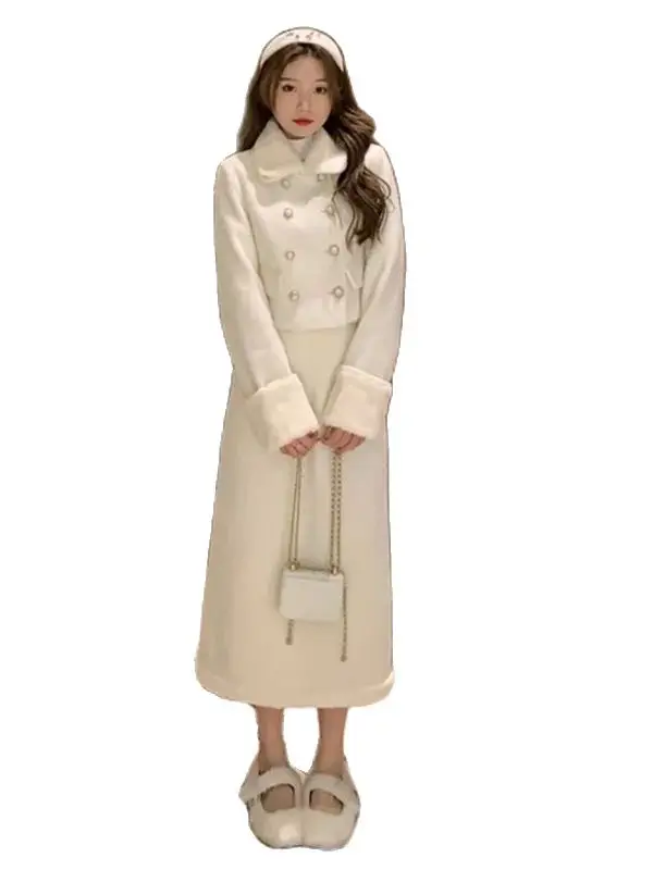 Korea Women Skirt Suit Two-Piece Set Cashmere Tweed Plush Splicing Long Sleeve Short Blazer Coat Elegant High Waist Half Skirt