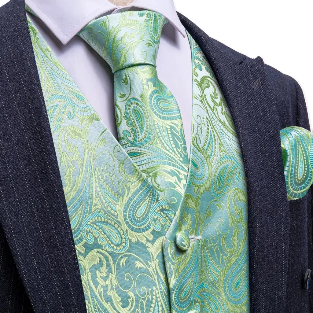 

Luxury Vest for Men Silk Green Gold Paisley Vintage Waistcoat Tie Set Formal Wedding Groom Suits Gilet Steampunk Barry Wang