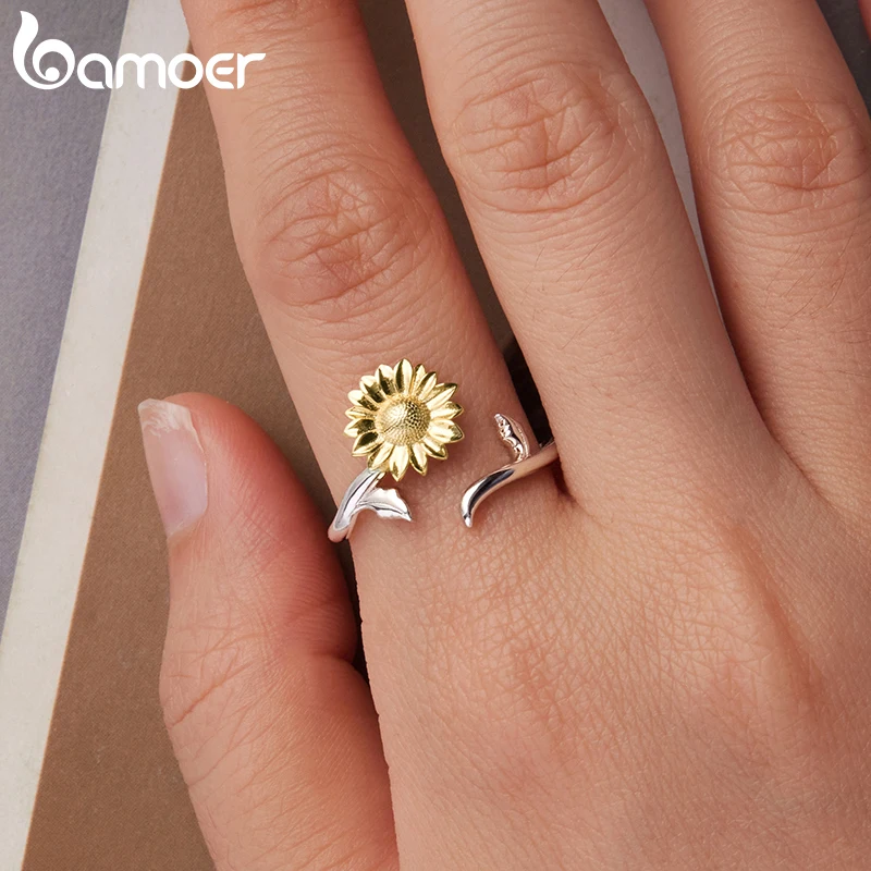 

WOSTU 925 Sterling Silver Gold Sunflower Ring 18k Gold Open Rings Original Luck for Women Fine Jewelry Birthday Party Gift