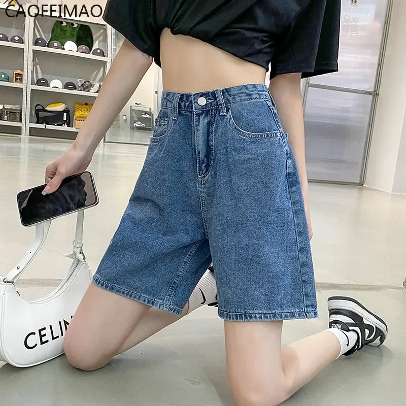 

Caofeimao 2025 Fashion Summer Half Women Denim Shorts High Waist Belted Loose Female Short Jeans Streetwear Pants Women