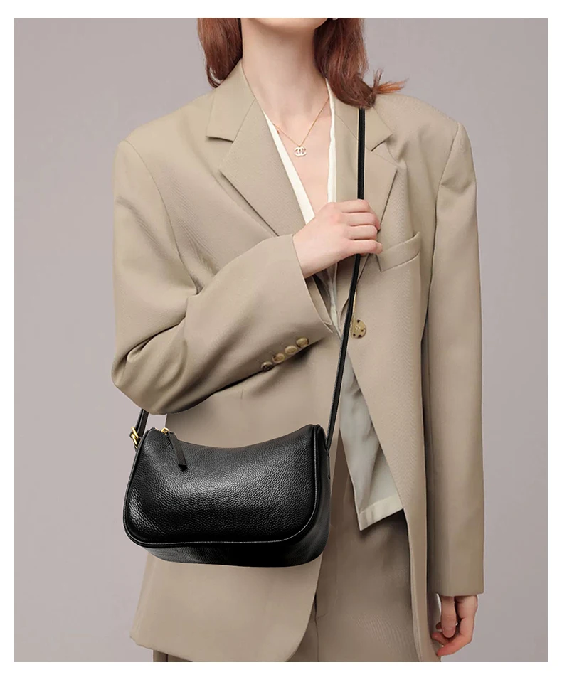 Schwarze Echtleder-Umhängetasche für Damen, Kleine Handytasche, Modisches Accessoire – Detail 2