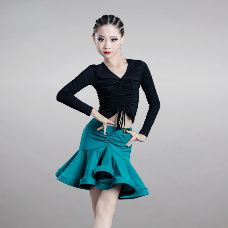 Children's Latin Dance Suit Set Girls' Competition Performance Practice Clothes Modal Long Sleeve Top Leopard Pattern Half Skirt