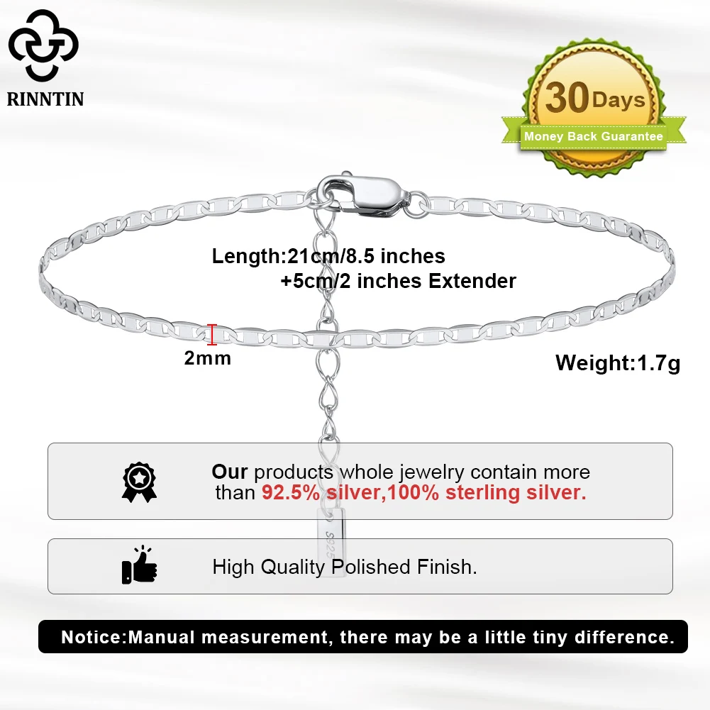 Rinntin Italian 2mm Sparkle Mirror Chain Anklets for Women 925 Sterling Silver Summer Foot Bracelet Ankle Straps Jewelry SA29