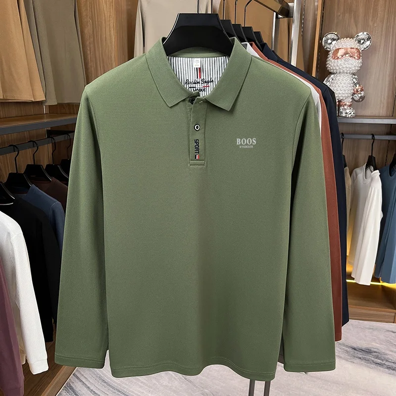 Herren Frühling Herbst Neue Mode Revers-Print Polo-Shirt Original Einfarbiges Langarm-T-Shirt Täglicher Komfort Büro Herrenbekleidung – Detail 5