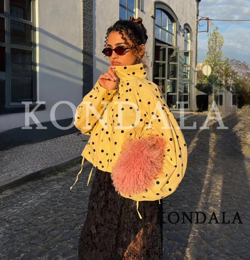 Women Chic Yellow Polka Dot Jacket KONDALA 2026 Summer Trendy Street Style Leisure Jacket Stand Collar Buttons Drawstring Jacket