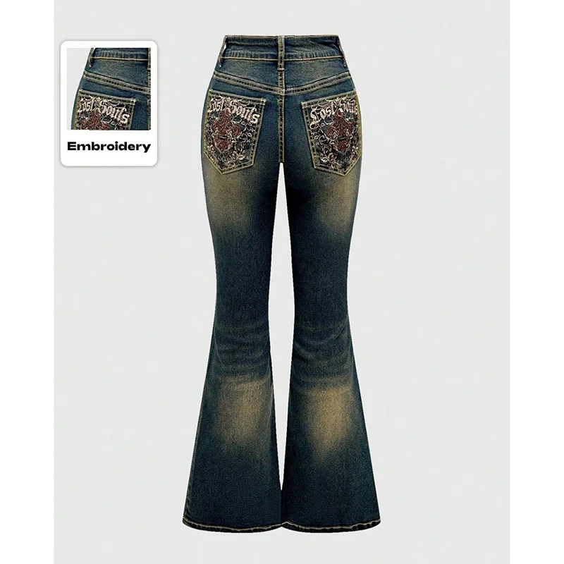 

2026 Hot Sale Women Chic Embroidery Flared Jeans Girls High Waist Stretch Denim Pants Lady Solid Casual Trousers