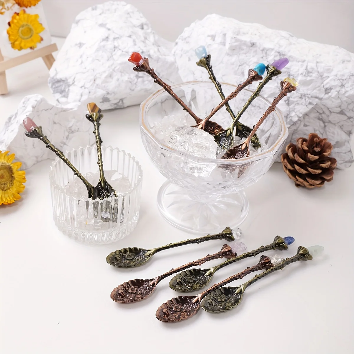 Elegant Crystal-Encrusted Spoons: A Bohemian Touch with Textured Metal And Natural Gemstones Crystal Stone