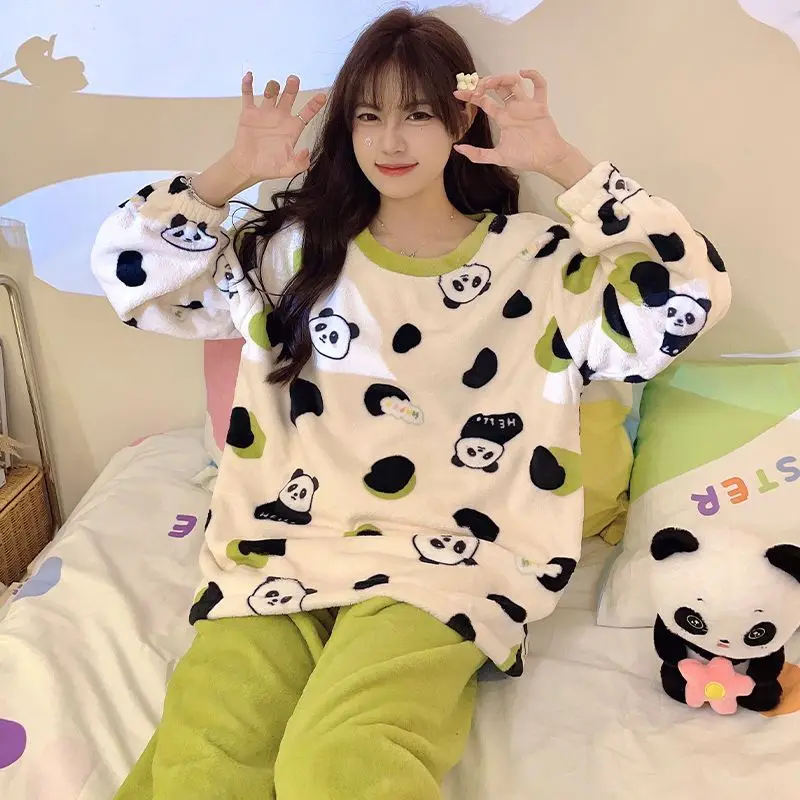 Round Neck Cartoon Pajamas Autumn Winter Fleece-Lined Warm Women's Sleepwear Set Student Sweet Flannel Loose Homewear Suit 2024
