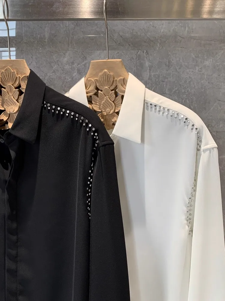 New Designer Mens Rivets Studded Party Shirt Business Casual Work Tops Long Sleeve Lapel Collar Single Breasted Loose Fit Shirts