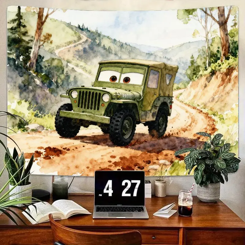 

1 шт., гобелен с изображением зеленого джипа и приключений, акварельный настенный рисунок для внедорожников, деревенский лес, гора, декор для детской комнаты, подарок