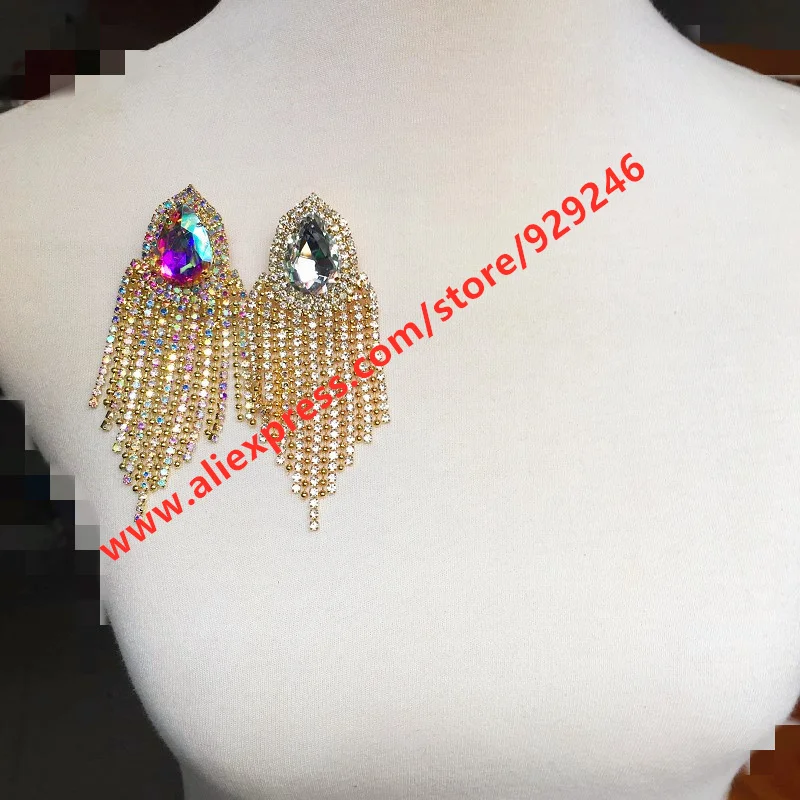 Delicate Tear-drop Crystal Rhinestone With Tassels Gold AB White Glass Crystal Brooch Garment Shoulder Decorative Stones Sew-on