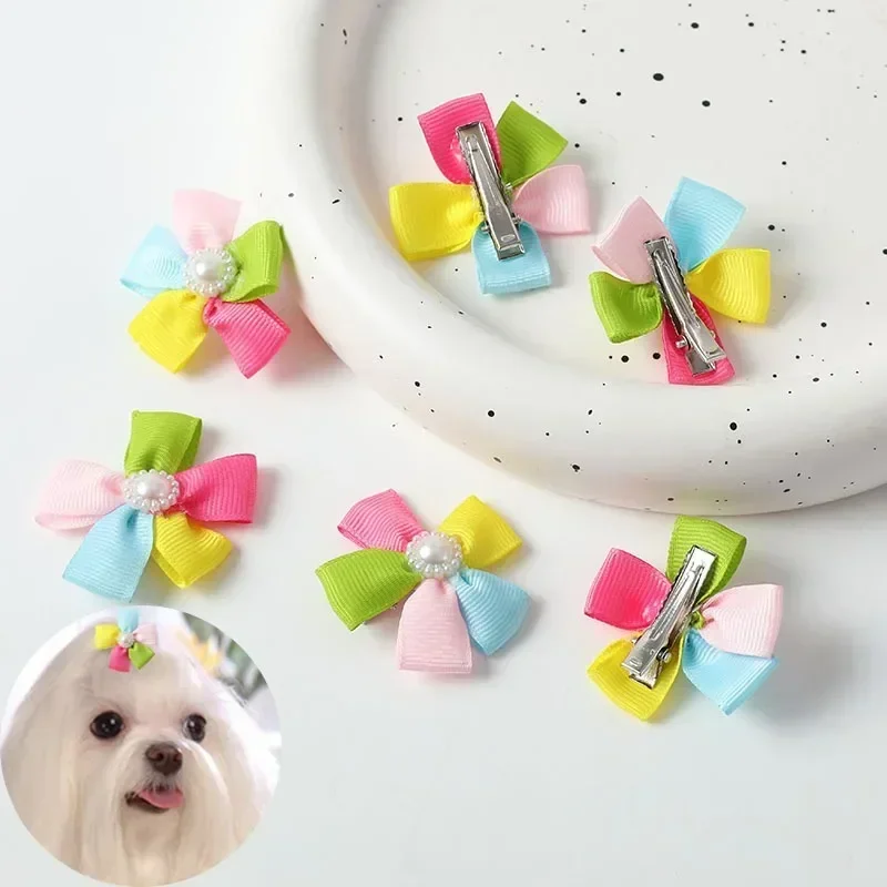 10Pcs Pet Hair Clips Set Five Petal Flower Design with Faux Pearl Hair Pin Colorful Embellishment Bright Color Cute Pet Hairpins