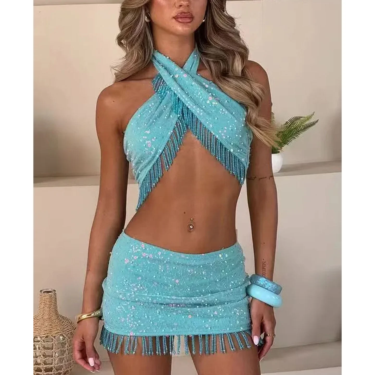 Sexy Sequin Fringe  Skirt And Top Set New Arrival Autumn Season Hanging Ne Decoration Strer Faionable Women's Outfit