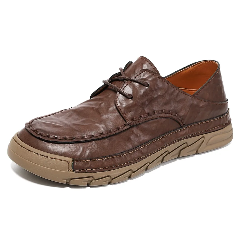 2026 Men's Casual Leather Shoes Soft Bottom Large Size Comfortable Rubber Sole Handmade Stitching Business Shoes Leather Surface