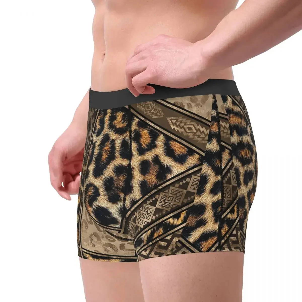 Men Boxer Shorts Panties Leopard Fur With Ethnic Ornaments Soft Underwear Brown Animal  Pattern Homme S-XXL Underpants