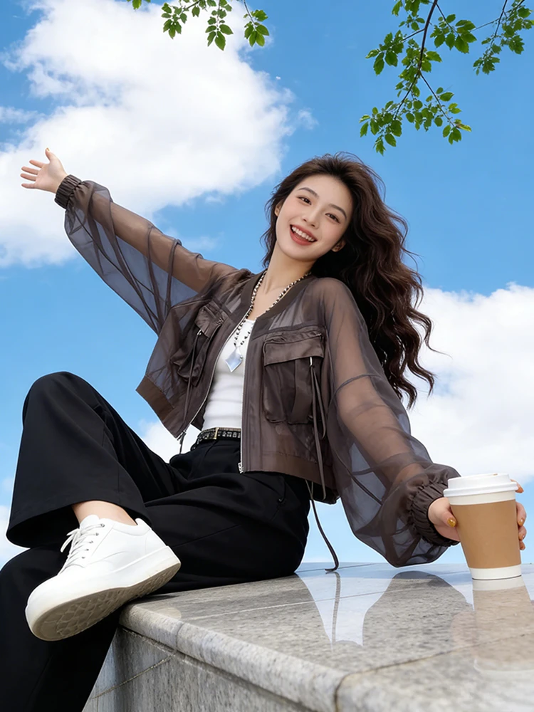 

Модная легкая солнцезащитная верхняя одежда для женщин, весна 2026, новинка, маленький размер, свободный крой, для поездок на работу, ветрозащитная, на молнии или...