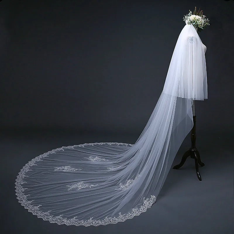 Foto reali Due Strato di 3 Metri di Lunghezza Da Sposa In Pizzo Velo con il Pettine Voile Da Sposa Velo Da Sposa Veu De Noiva accessori di cerimonia nuziale