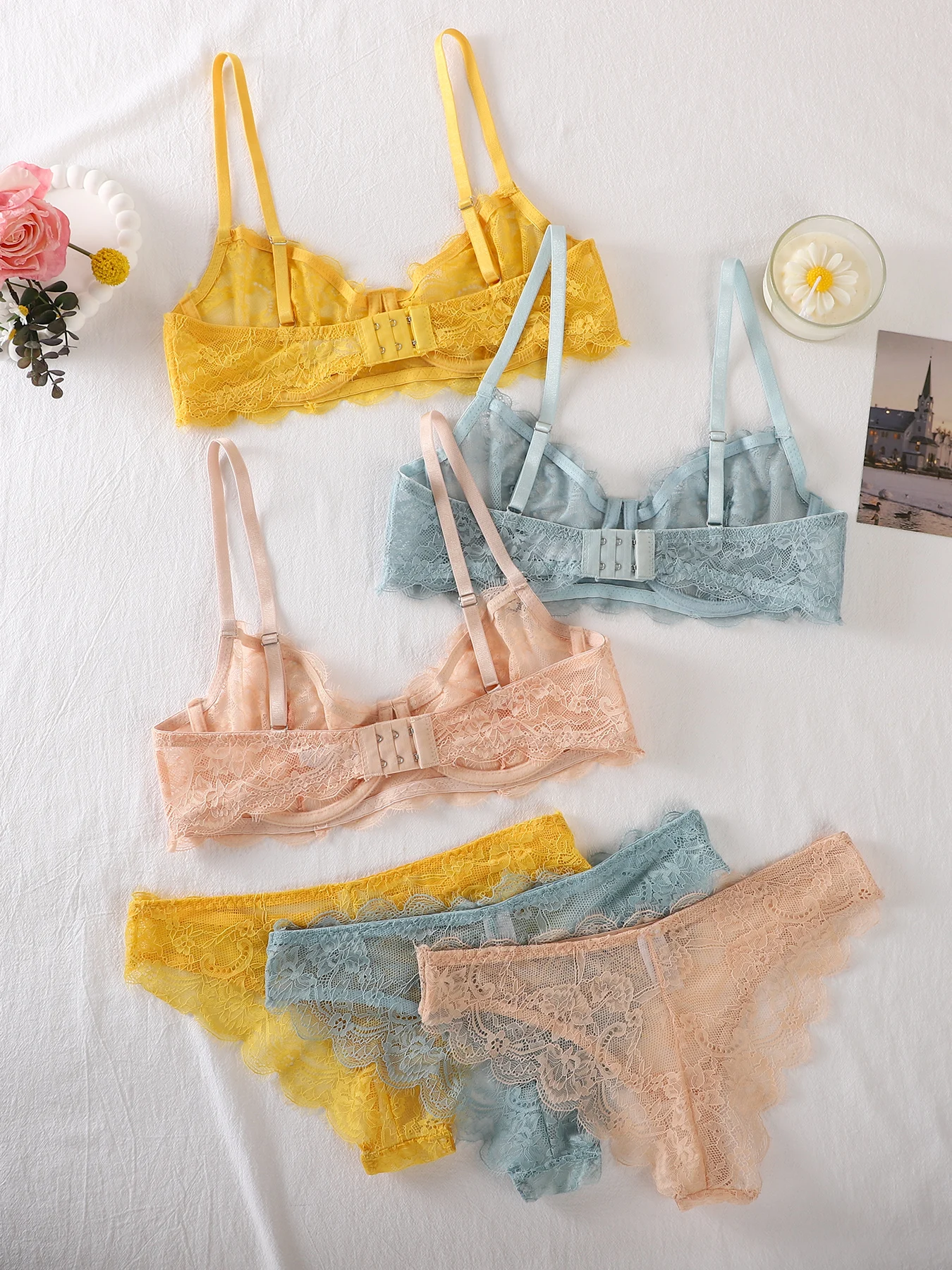 طقم مكون من قطعتين - حمالة صدر دانتيل + طقم سراويل داخلية - طقم حميم شفاف من الدانتيل - متعدد الألوان اختياري - طقم حميم نسائي من الدانتيل - طقم حميم مثير - مع حلقات فولاذية #4