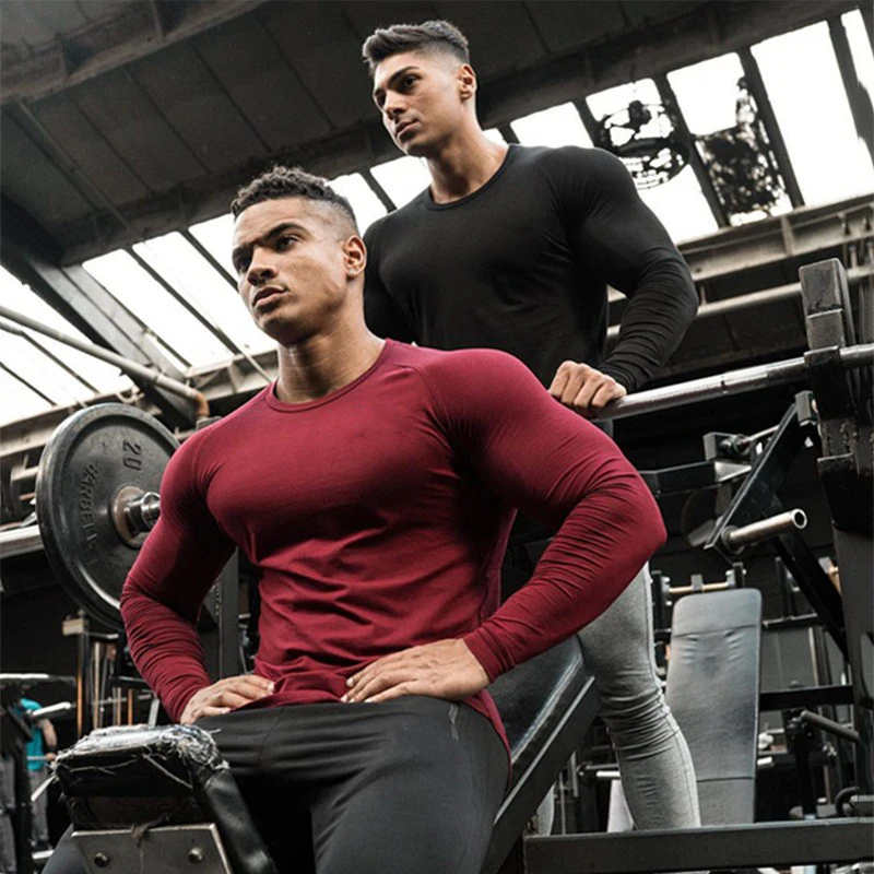 Spring Autumn Slim Fit Cotton Fitness Long Sleeve T Shirt Men Sports T-Shirt O-neck Running Tee Shirt Gym Bodybuilding Tshirt