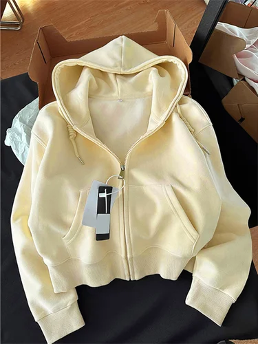 Imagen 2 del producto Chaquetas con capucha informales elegantes para principios de otoño, Top corto ajustado de manga larga con cremallera, cárdigan cálido, Sudadera con capucha de estilo coreano
