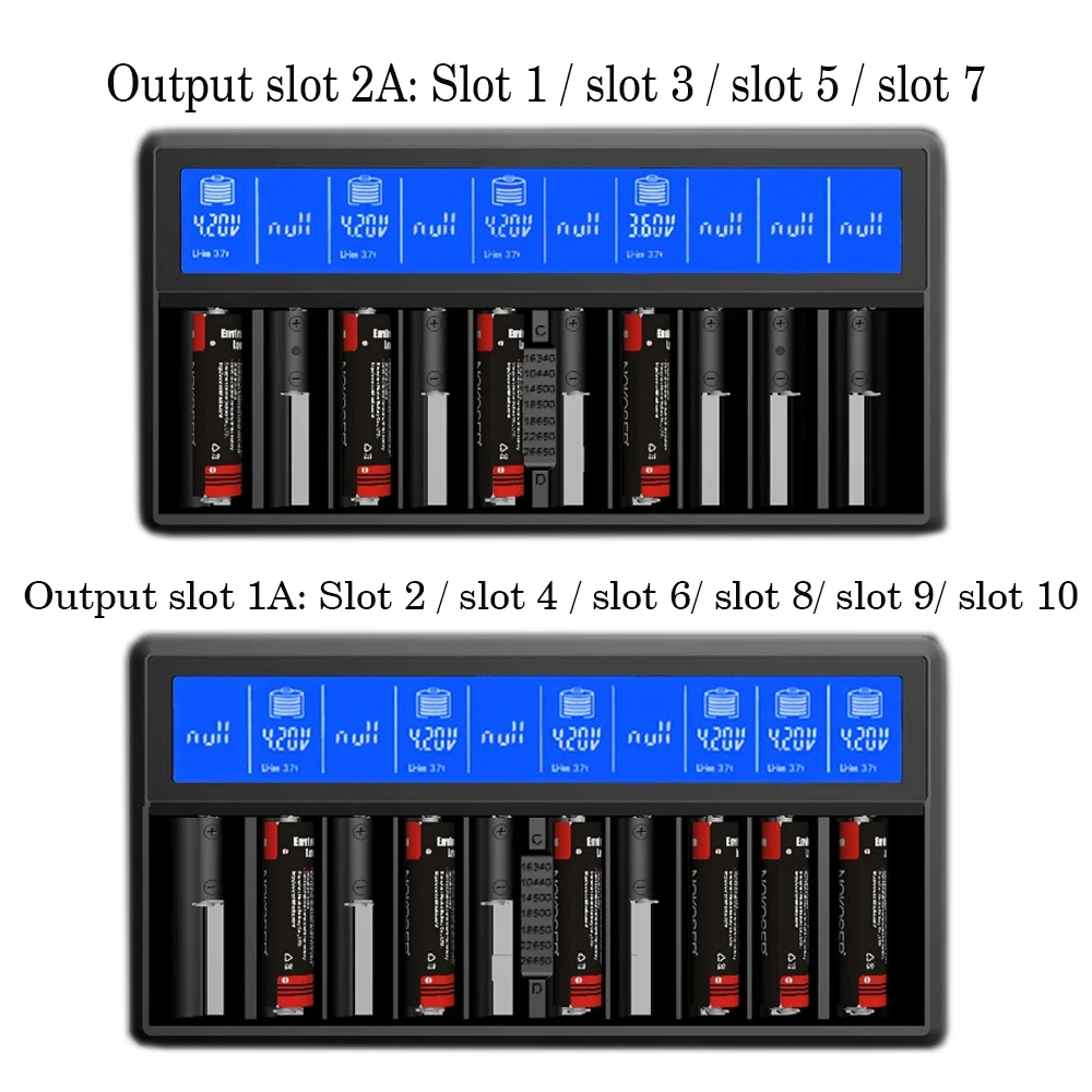 Battery Charger 10 Slots LCD  charger For Li-ion 3.7V/3.8V/ IiFePO4 3.2V/ Ni-MH,Ni-cd Li ion  Charging  26650 18650 Charger