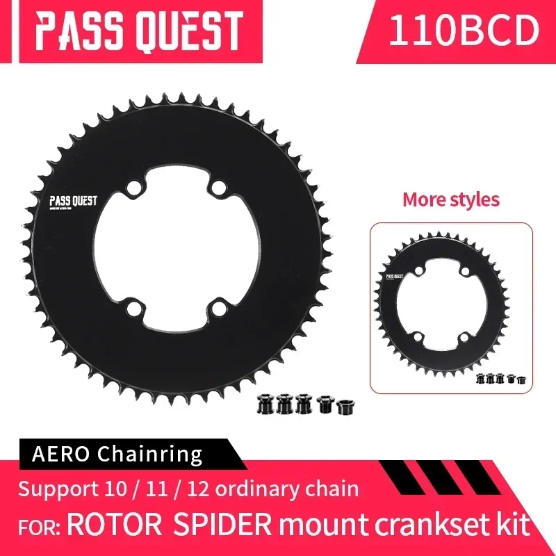 PASS QUEST-Aero Crankset, Narrow Wide Chainring, Round Road Black Chinwheel, 40T-60T, 9-12 Speed Rotor, BCD110