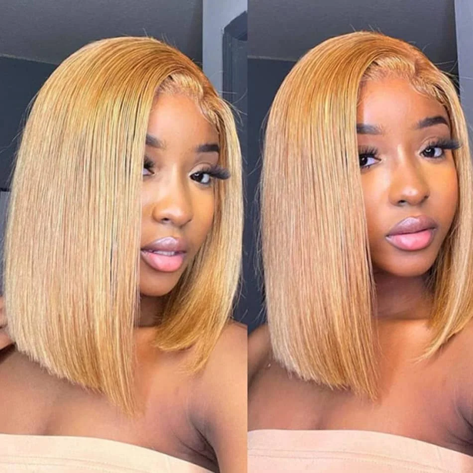 Honey Blonde Short Straight Bob Wig Human Hair Wig Pre-plucked 13x4 Lace Frontal Transparent Colored Short Bob Wigs Human Hair