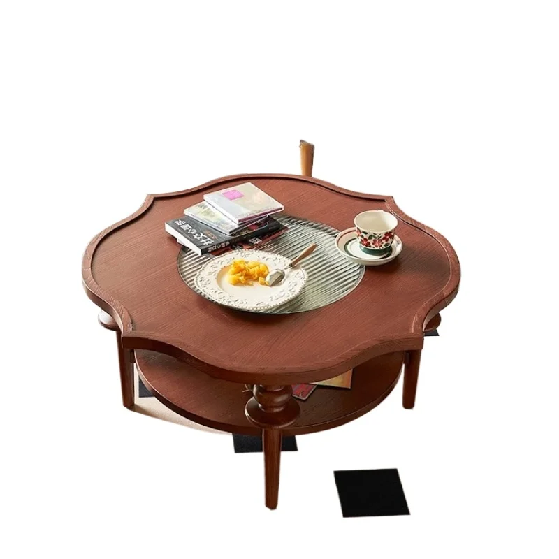 

French retro glass flower coffee table, medieval ash wood small apartment living room round tea table
