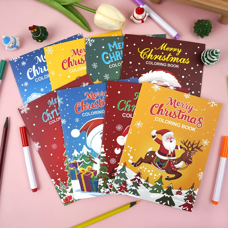 Montessori Christmas Coloring Book 8pcs Cute Doodles Book Games Drawing Toys Early Education For Kids Christmas Theme Gifts