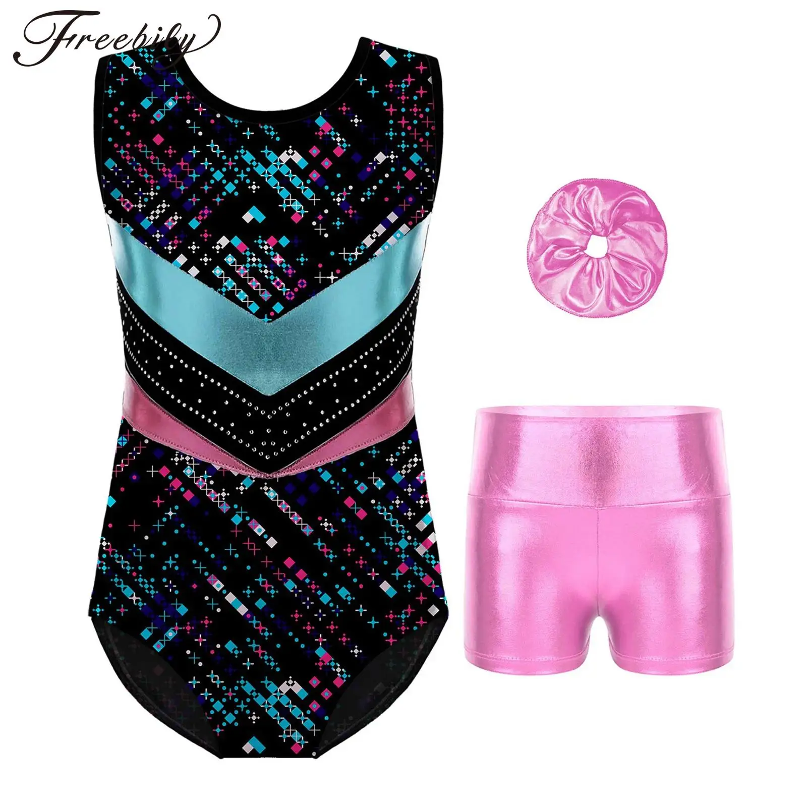 roupa-de-ginastica-de-bale-para-meninas-sem-mangas-malha-de-danca-body-estampado-e-shorts-de-danca-de-cintura-alta-com-acessorios-para-cabelo