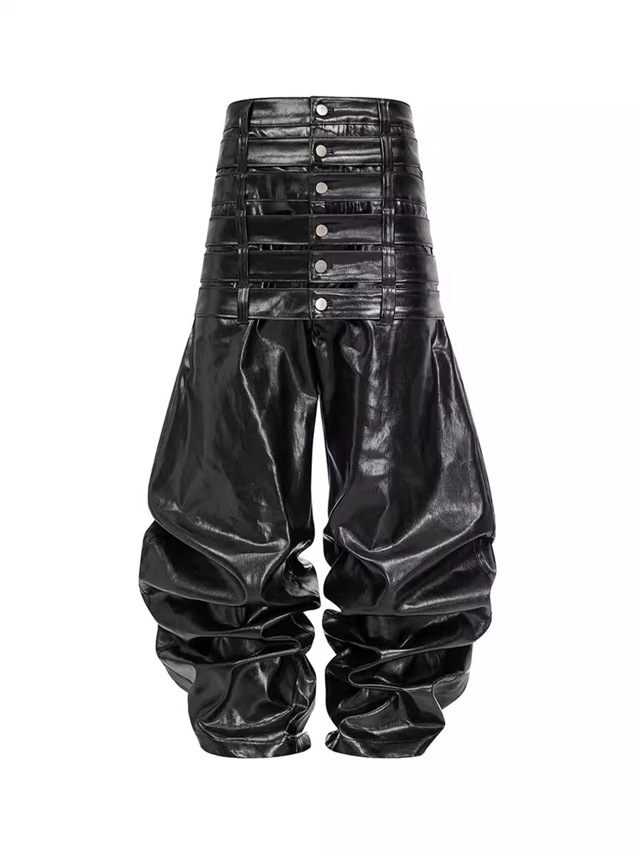 Mauroicardi Autumn Long Multi-waisted Shiny Black Pu Leather Twisted Belted Pants Men Luxury Designer Emo Clothes Streetwear