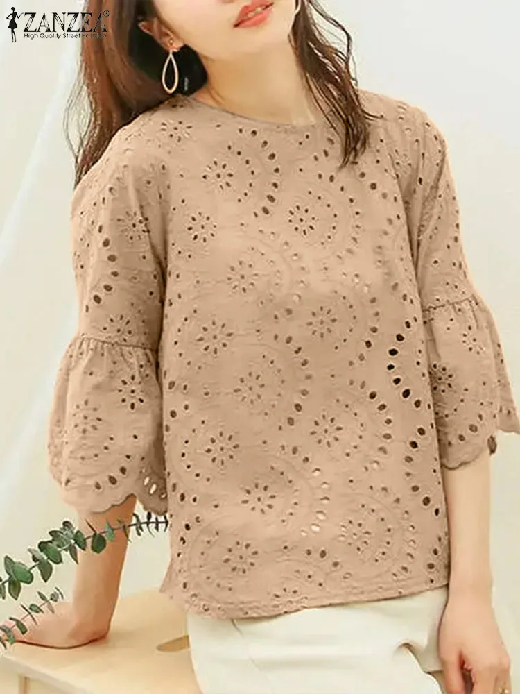 2024 ZANZEA Women Elegant Lace Crochet Blouse Female Summer Tops Holiday Shirt Work OL Tops Stylish 3/4 Sleeve Patchwork Blusas