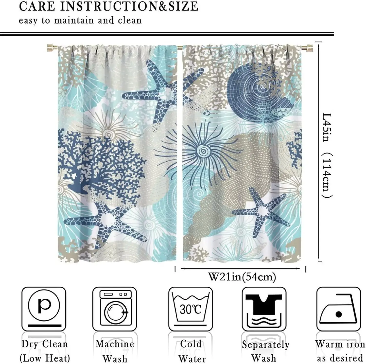 Coastal Line Art Curtain Navy Starfish Coral Conch Light Cyan Khaki Sea Print Fresh Nautical Bath Living Room Home Window Decor