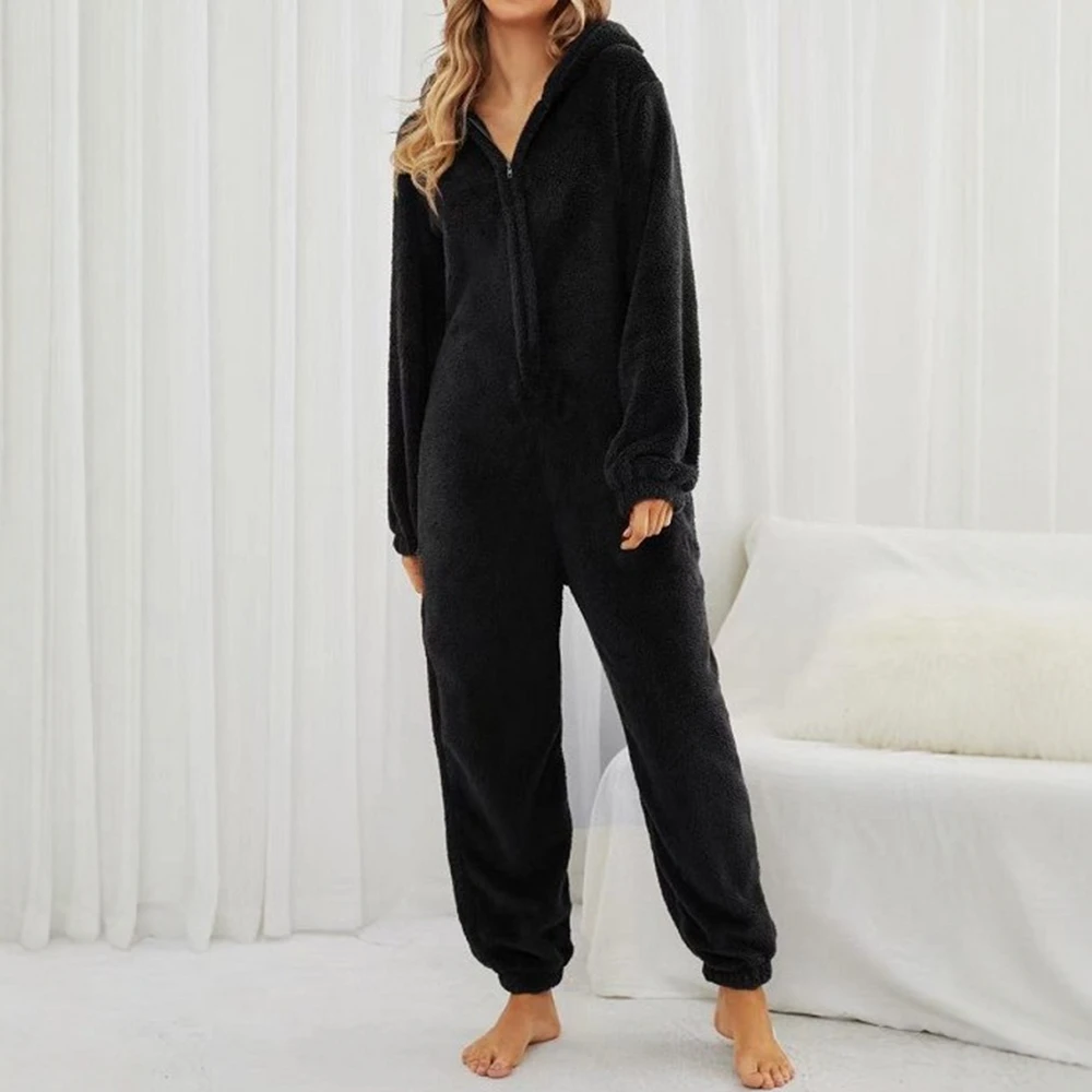 Women's Plush Jumpsuits Autumn Winter Flannel Pajamas Long-Sleeve Zipper High Neck Hat Keep Warm Girl‘s Cloth Sleepwear Homewear