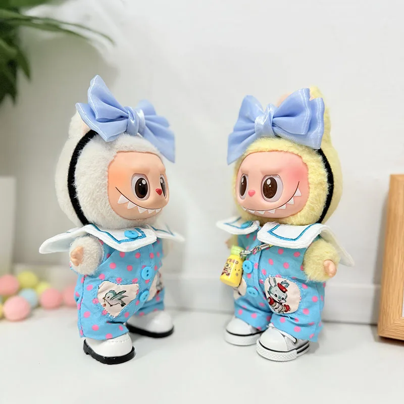Für Labubu Kleidung Cartoon Verspieltes Sailor Style Set Polka Dot Onesie mit Schleife und Stirnband Puppe Tide Play für Labubu V3 V2 V1