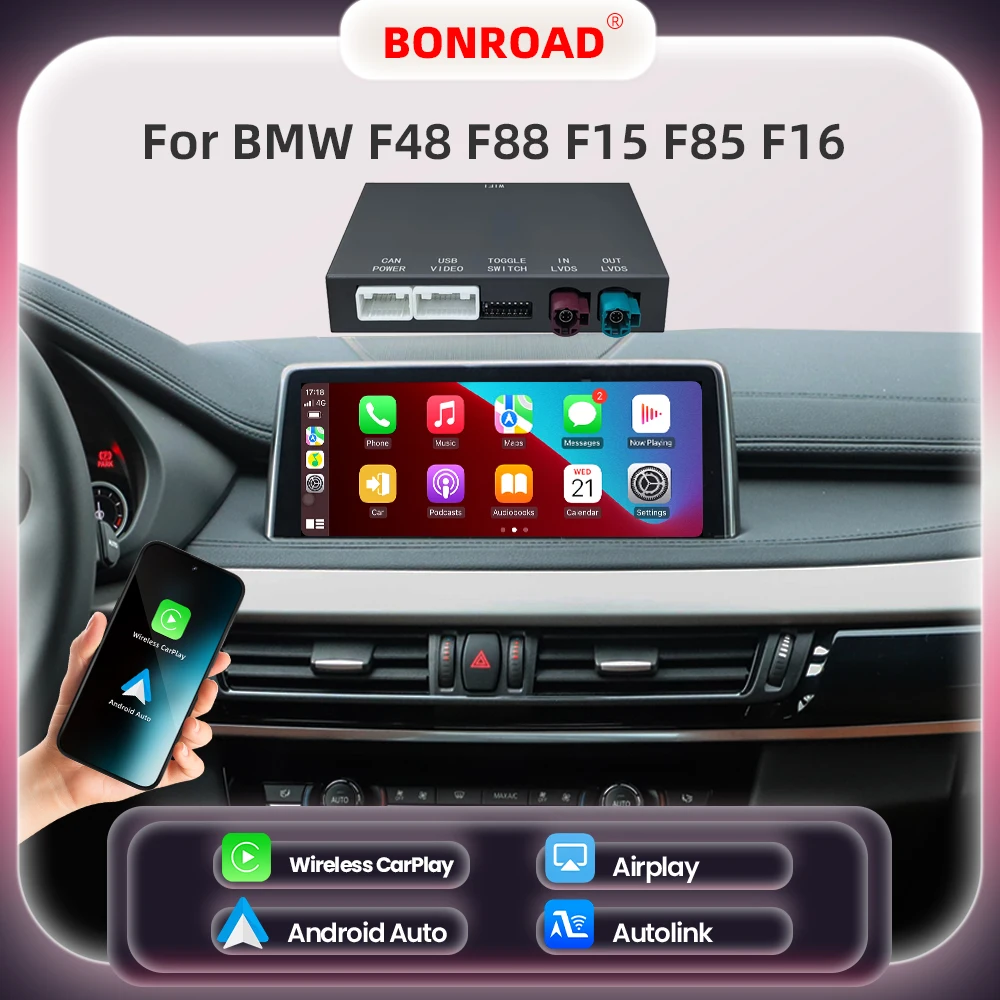 BONROAD bezprzewodowy CarPlay Android auto moduł dla BMW F48 F88 F15 F85 F16 NBT EVO system z nawigacją Bluetooth Mirror Link