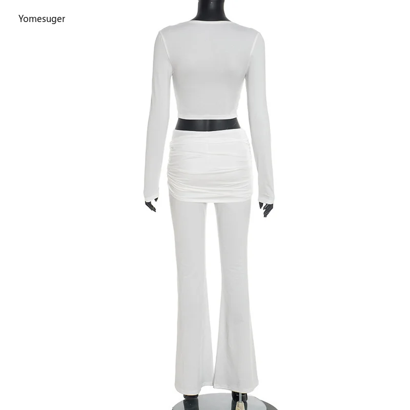 Yomesugar Elegant Two Piece Set Women Sexy Metallic Decoration Long Sleeve Crop Tops and Ruched Flared Pants Matching Tracksuits