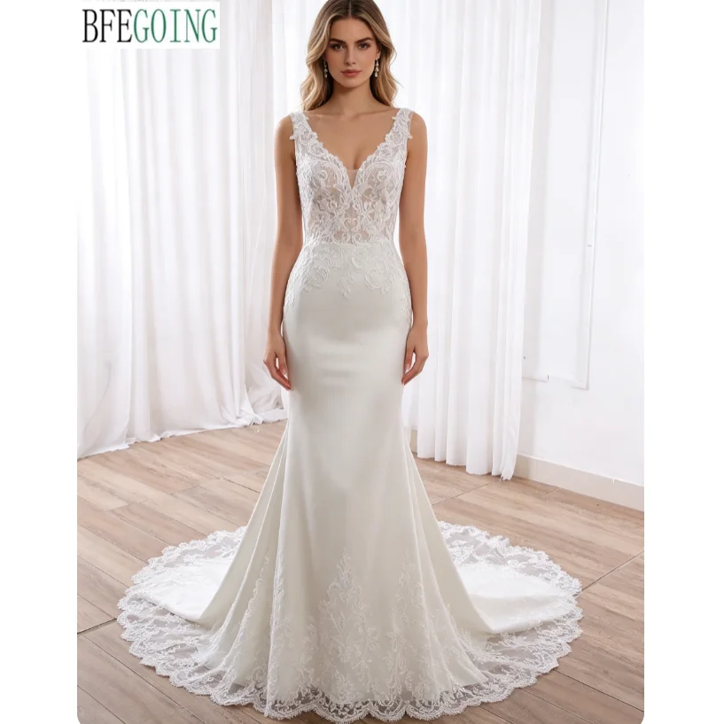 Mermaid /Trumpet Crepe Chiffon Lace Wedding Dresses Chapel Train Customized Floor-Length V-Neck Bridal Gowns