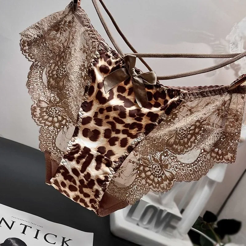 

Leopard Sexy Lace Underwear Women Ice Silk Seamless Thin Ribbon Breathable Low Waist Briefs 2024 Ladies Silky Comfort Panties