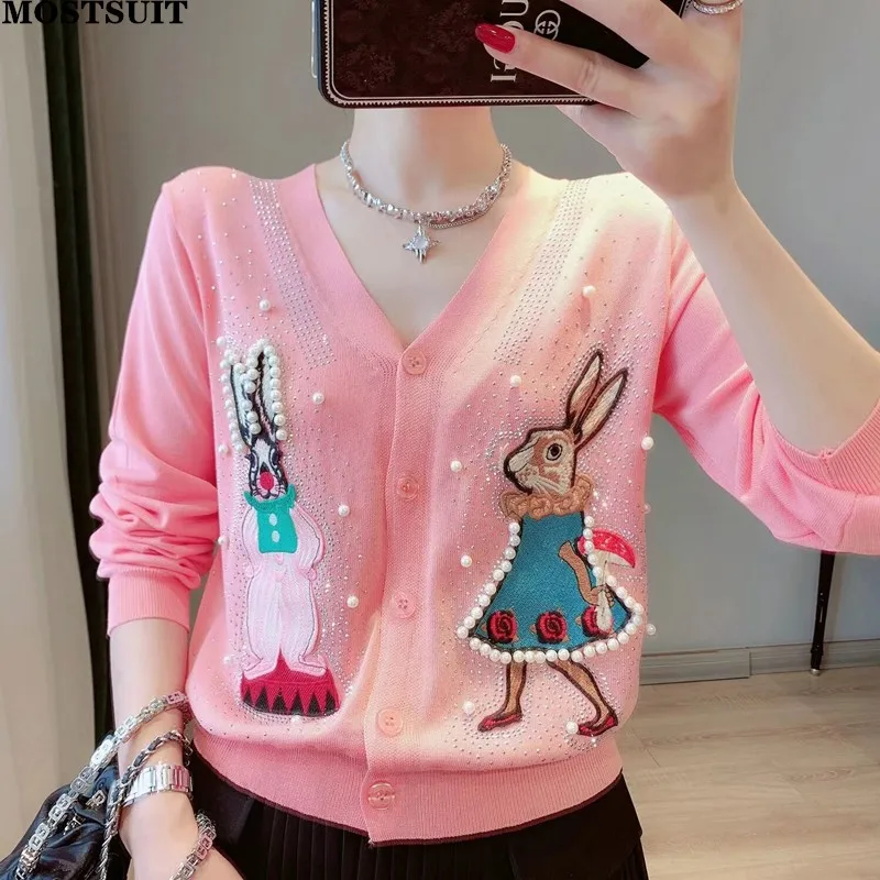 Pearl Beading Rabbit Patchwork Knit Cardigan Women Cartoon Elegant Fashion Ladies Sweater Top Long Sleeve V-neck Thin Jumper