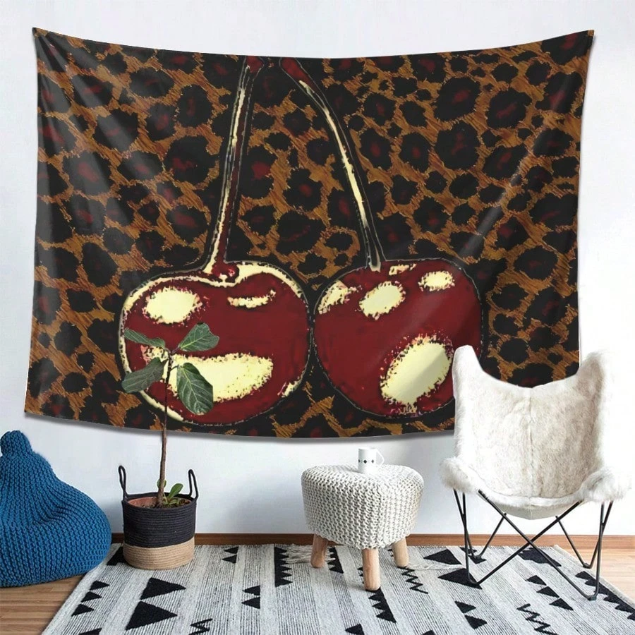 Wandteppich mit Kirsch- und Leopardenmuster |   Horizontales Design |   Wanddekoration für Wohnzimmer, Schlafzimmer, Büro, Party |   Perfektes Geschenk (Flachdruck).