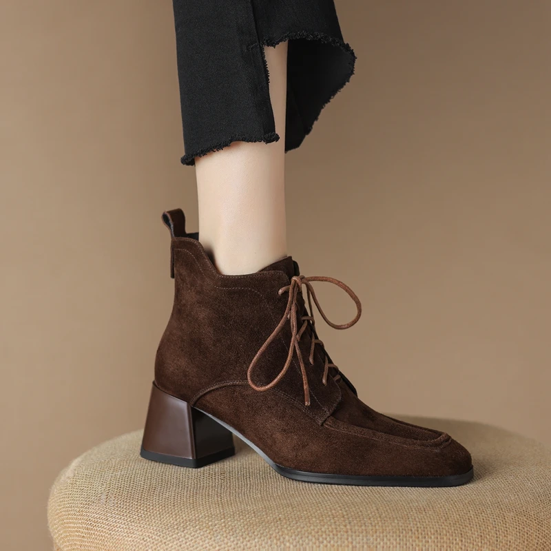 Women's new autumn and winter square toe lace up zipper leather sheep suede high heels retro and bare short boots