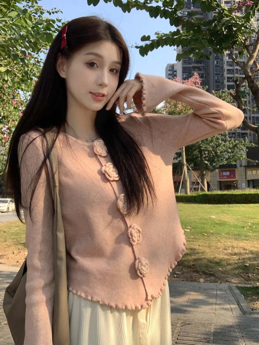 Sweet Design Sense Long Sve вязаный свитер женский Slim Fit ort Sle круглый Ne на пуговицах осень новый Sle Rose Flower 3D